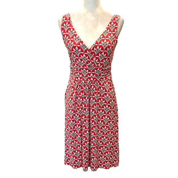 Boden Effie Red Orange Palm Print Faux Wrap Ruched Jersey Knit Dress - 6 - Picture 5 of 16